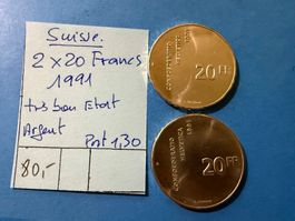 2 X 20 FRANCS 1991- ARGENT