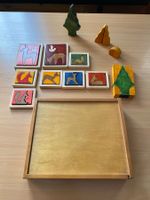 Antike Puzzle in Holzbox Waldtiere Reh, Fuchs, tolle Farben