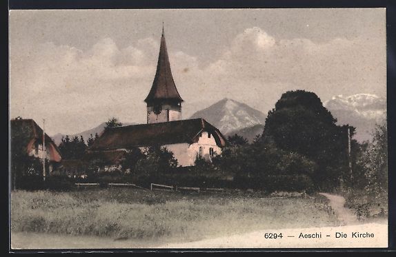 Cartoline postali: AK Aeschi, Kirche mit Bergen – Usato da Berlin venduto da bartko-reher