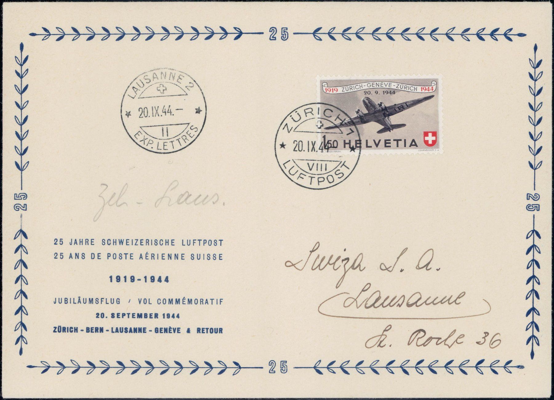 Tutti i francobolli: Flugpost 1944, total 12 Etappen, 480.- – Usato da Horw venduto da pilatusmail 7