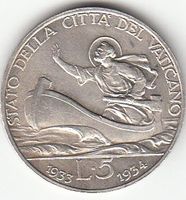 Vatikan -- 5 Lire 1933 - 1934 Pius XI.