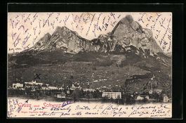 AK Schwyz, Ortsansicht mit Alpen, 1903