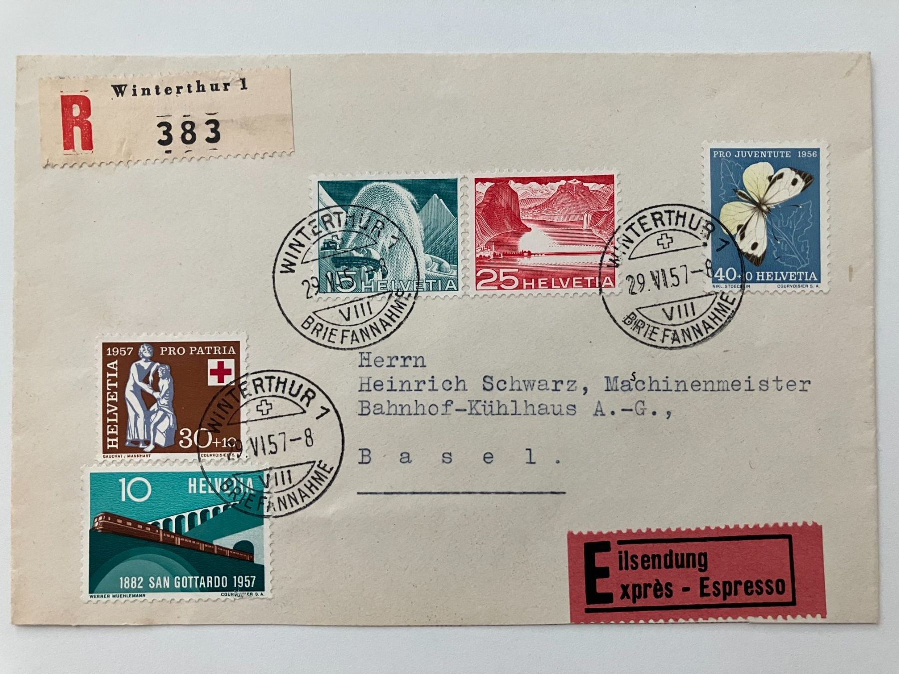 Tutti i francobolli: 1957, Express-R-Brief, Buntfrankatur – Usato da Würenlos venduto da Eulenpostuhu