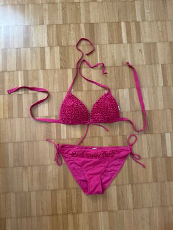 Bikini pink 75 B & Badehose Gr. M - Raffung Bänder