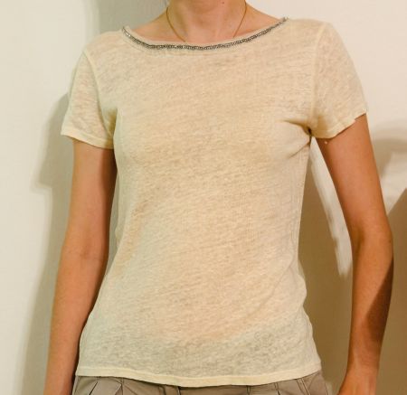 Damen Leinen Shirt beige mit Perlen Grösse S NafNaf wie neu