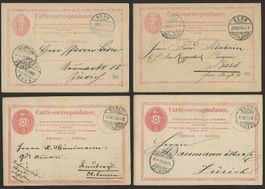 4 x Ganzsache Basel Bern nach Zürich Basel usw...  4 x 1873