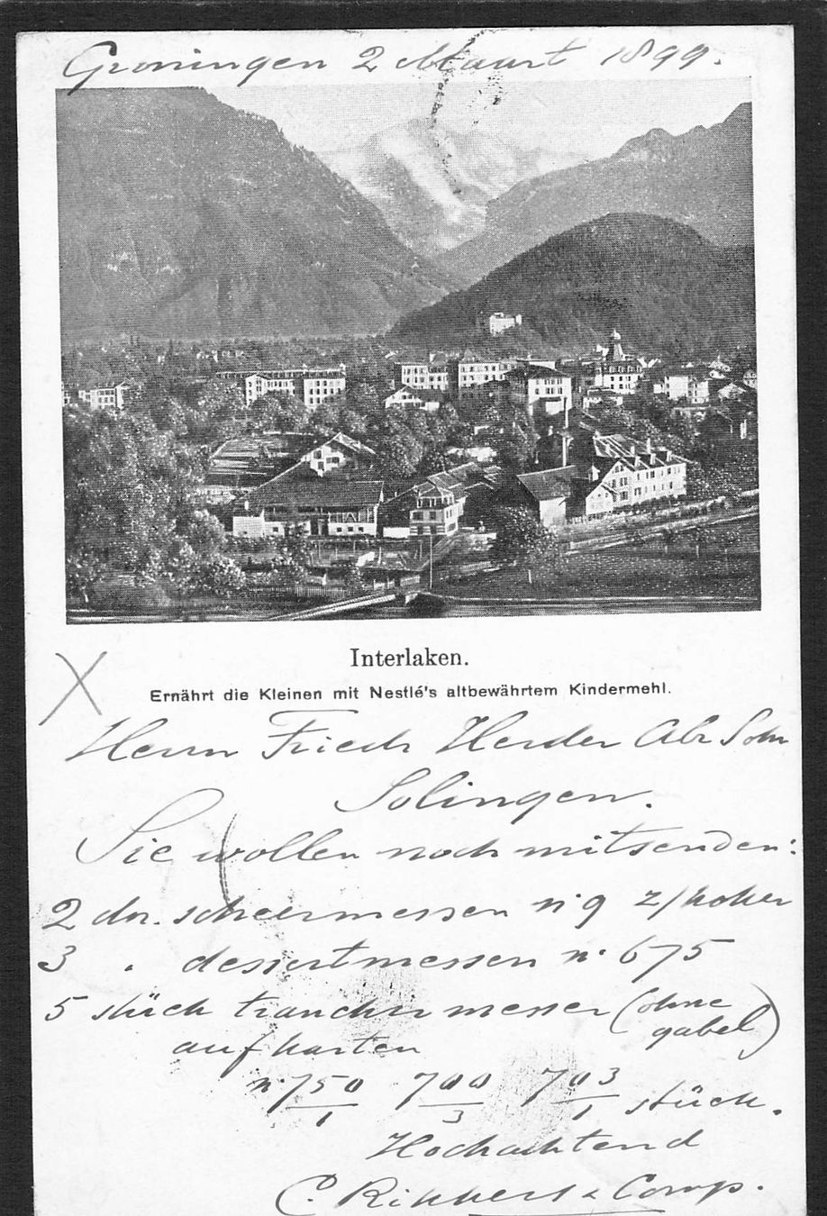 Cartes postales: AK Interlaken , gel 1899 nach Solingen – D'occasion à Reichenburg par Pipo-67