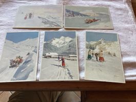 Sport d’hiver 5 cartes Pellegrini illustrateur en lot