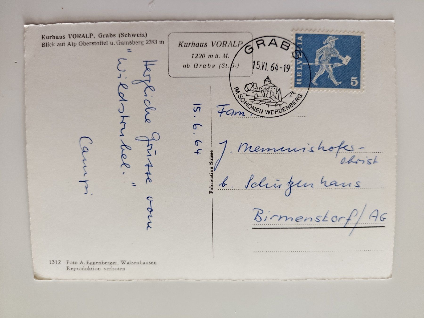 Cartoline postali: Kurhaus Voralp, dat. 1964 Grabs – Usato da Ohmstal venduto da Lebensfreude05 1