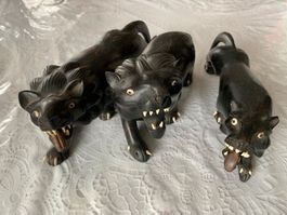 3er Set Vintage Panther Figuren aus Holz, Handgeschnitzt