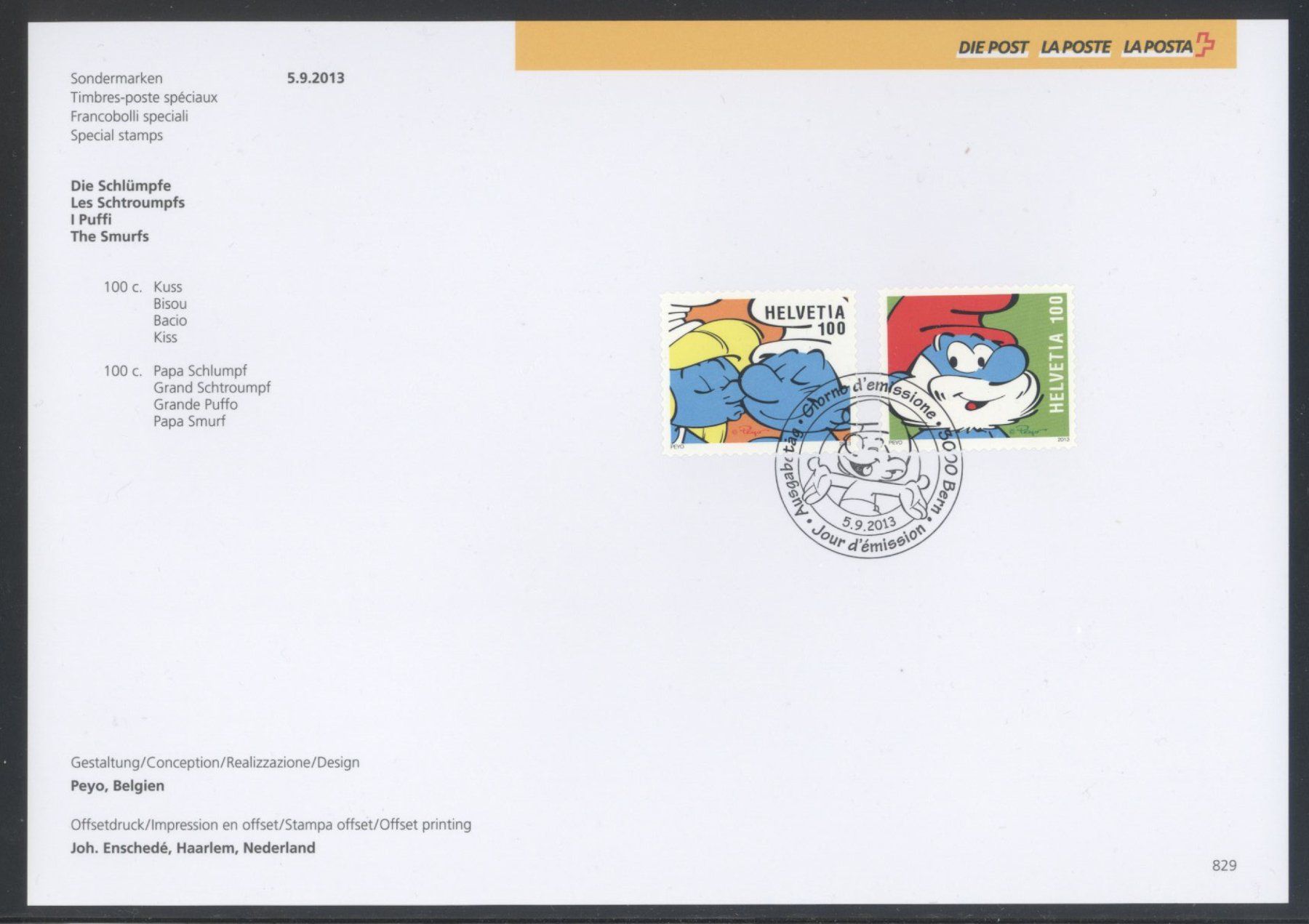 Tutti i francobolli: 2013, Sammelblatt, Die Schlümpfe, Nr. 829 – Usato da Willisau venduto da Vollstempel