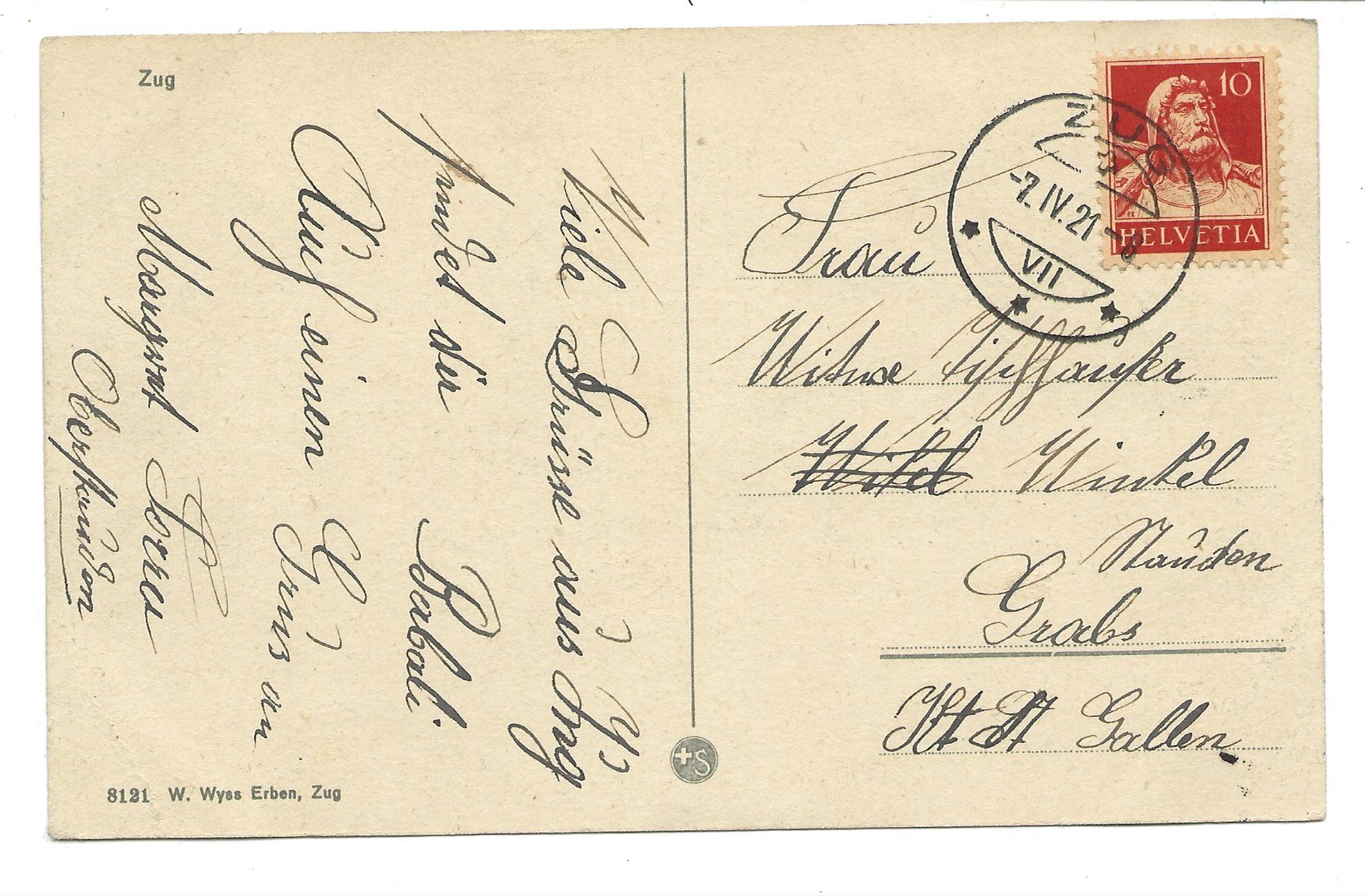 Cartoline postali: Zug - Altstadt - Wohnhäuser - 1921 – Usato da Engelburg venduto da Cartophil 1