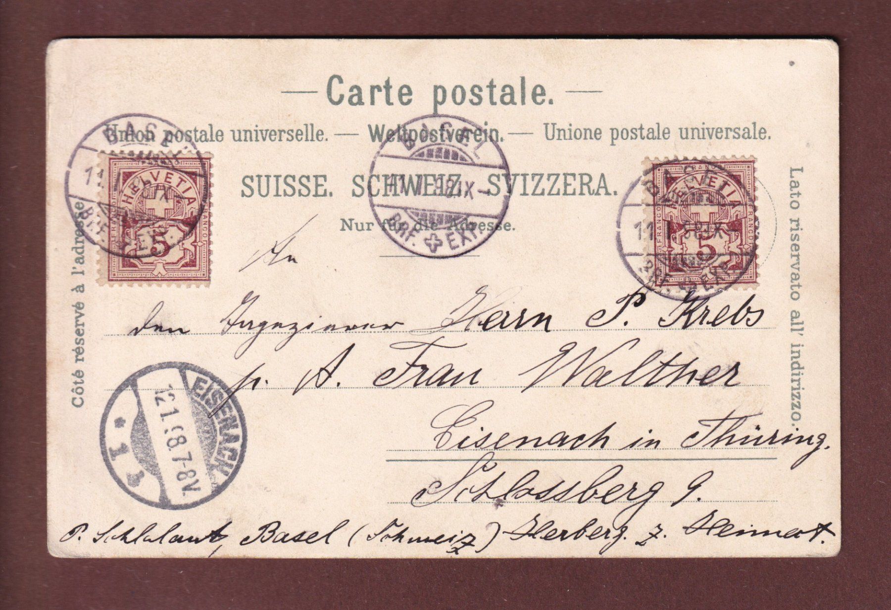 Cartoline postali: Gruss aus BASEL - 1898 Litho Metz – Usato da Pully venduto da nicecards 1