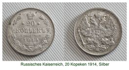 Russisches Kaiserreich, 20 Kopeken 1914, Silber