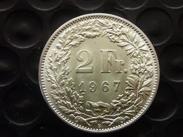 Letzte Silber Prägung 2 Fr. 1967  unz. / stgl.