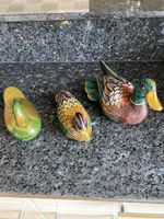 3 Deko Enten handbemalt, Vintage, grün, gold