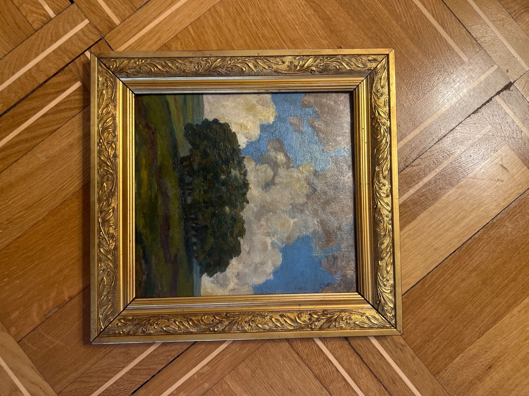 Dipinti: Gemälde Landschaft mit Baum und Wolken im Goldrahmen – Usato da Basel venduto da sho_q5nk