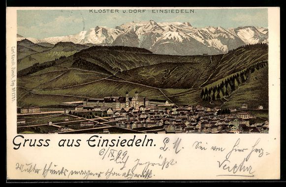 Cartes postales: Lithographie Einsiedeln, Kloster und Ort – D'occasion à Berlin par bartko-reher