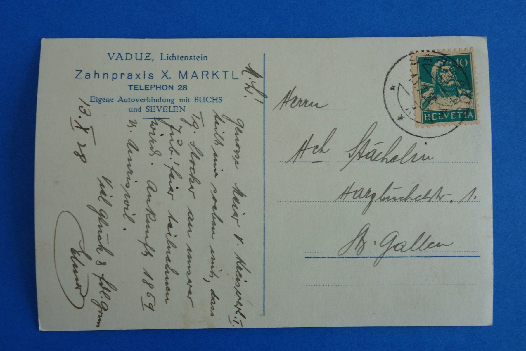 Ansichtskarten: VADUZ - Zahnarztpraxis X. Marktl - 1928 – Gebraucht aus Ibach von Ibanto 2