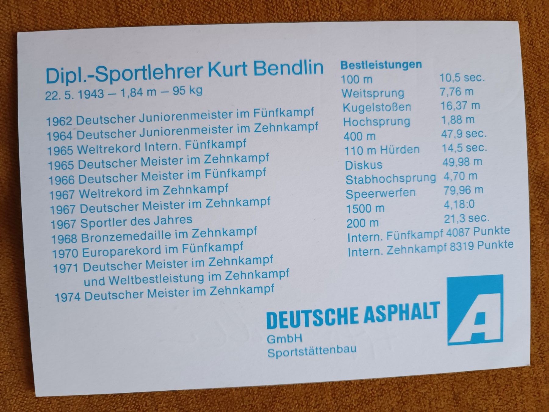 Autographes: Kurt Bendlin - Olympiabronze - 10 Kampf – D'occasion à Menziken par Autogramme 1