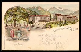 Lithographie Ragaz, Ortspartie, Lawn Tennis