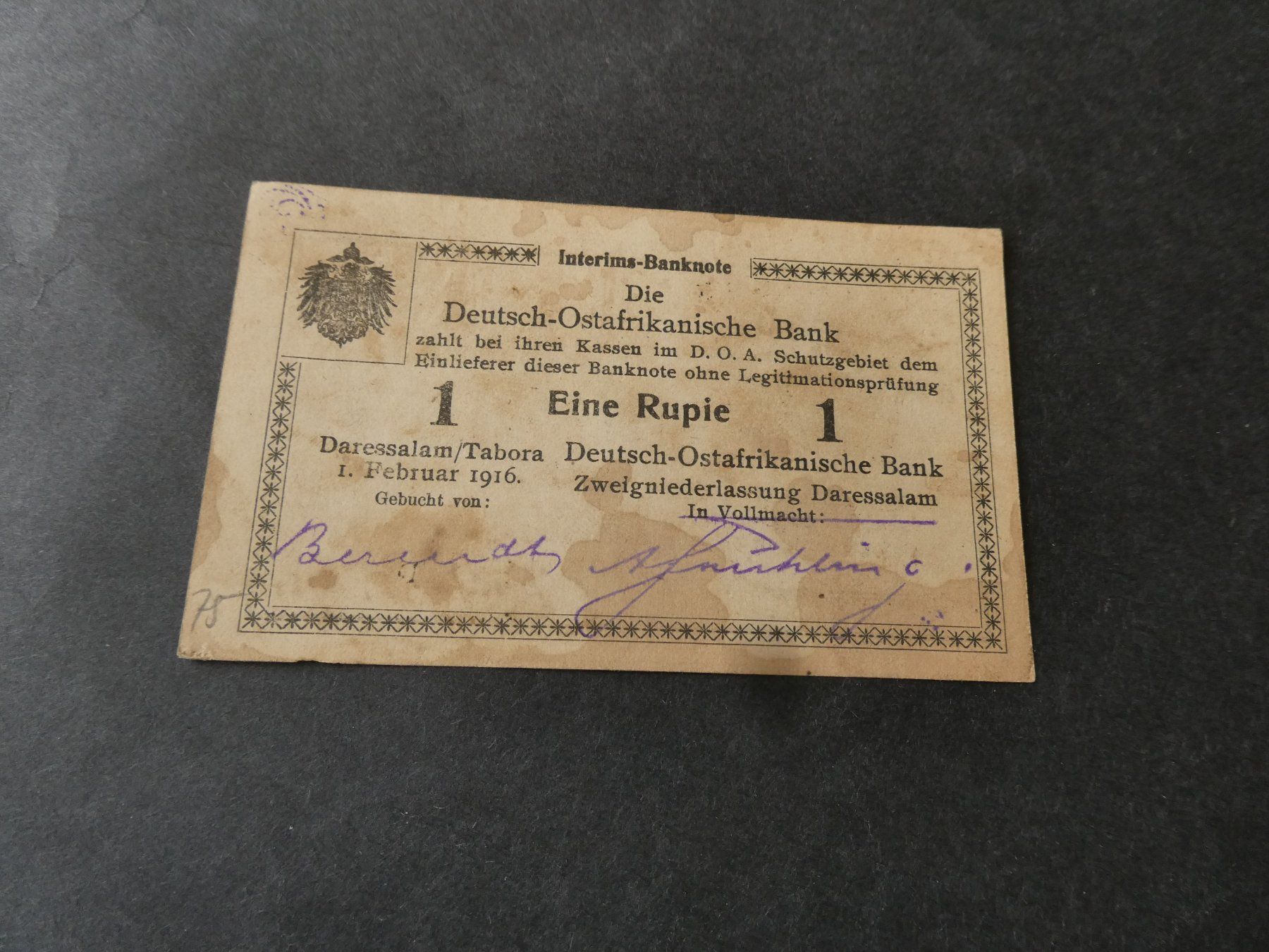 Banconote: Deutsch-Ostafrika 1916, 1 Rupie – Usato da Hinterforst venduto da Rohusri