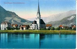 Ennetbürgen NW 1917 Kirche vom See her sehr gut erhalten