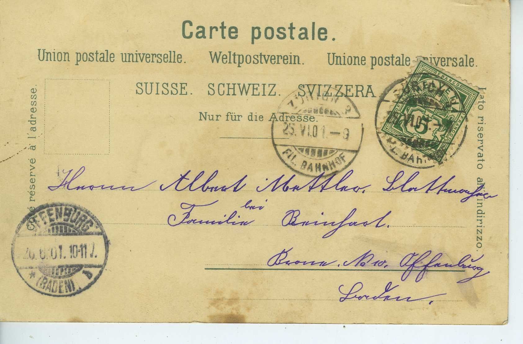 Ansichtskarten: Zürich - Lithokarte 1901 – Gebraucht aus Schleitheim von Pmschlaate 1