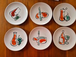 Sechs Keramik Fondueteller mit Motiv bunt gebraucht