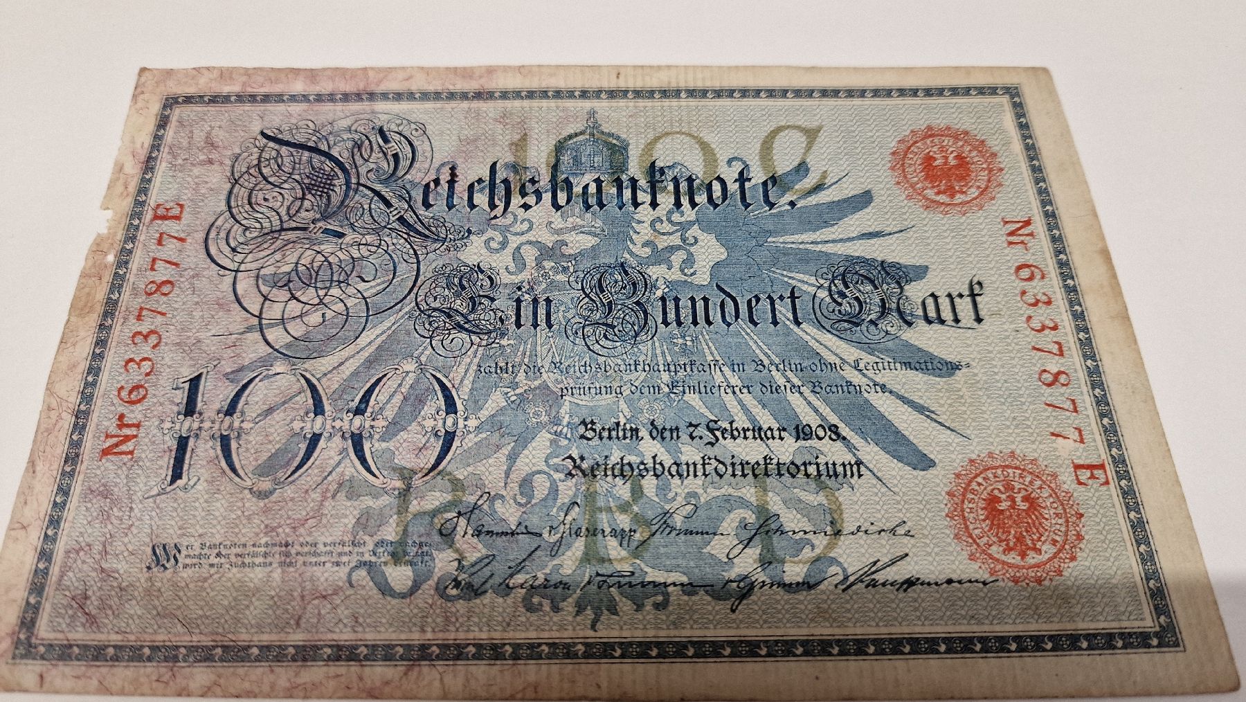 Banknoten: Reichsbanknote Ein Hundert Mark 1908 E – Gebraucht aus Herisau von Antiques.AR