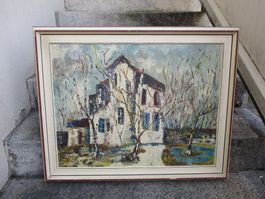 Ölbild Gemälde Haus hinter Stauden midcentury Kunst art Hit!
