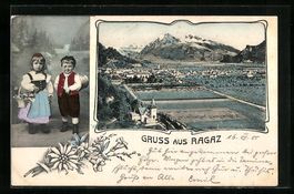 Ragaz, Gruss mit Kleinkindern in Tracht,