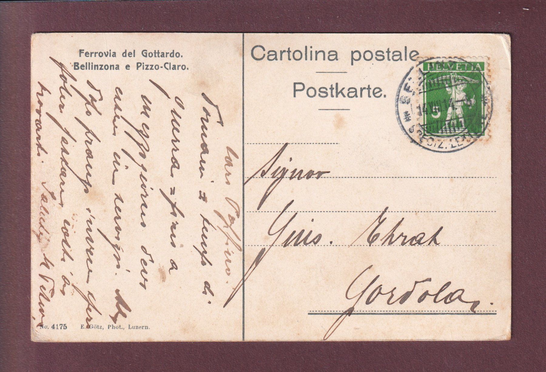 Cartoline postali: BELLINZONA - Ferrovia - 1914 – Usato da Pully venduto da nicecards 1