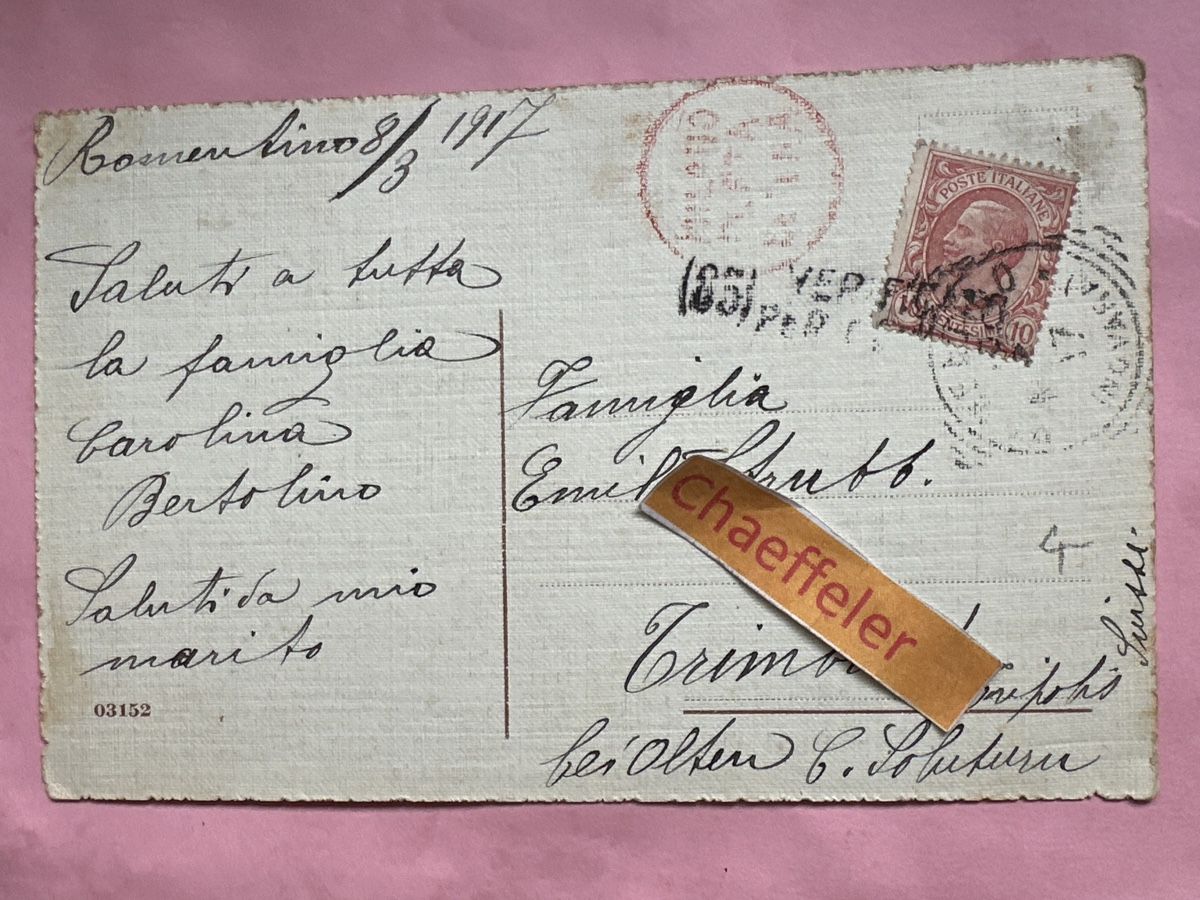 Cartoline postali: 1917 Romentino - Chiesa Parrocchiale – Usato da Zürich venduto da Chaeffeler 1