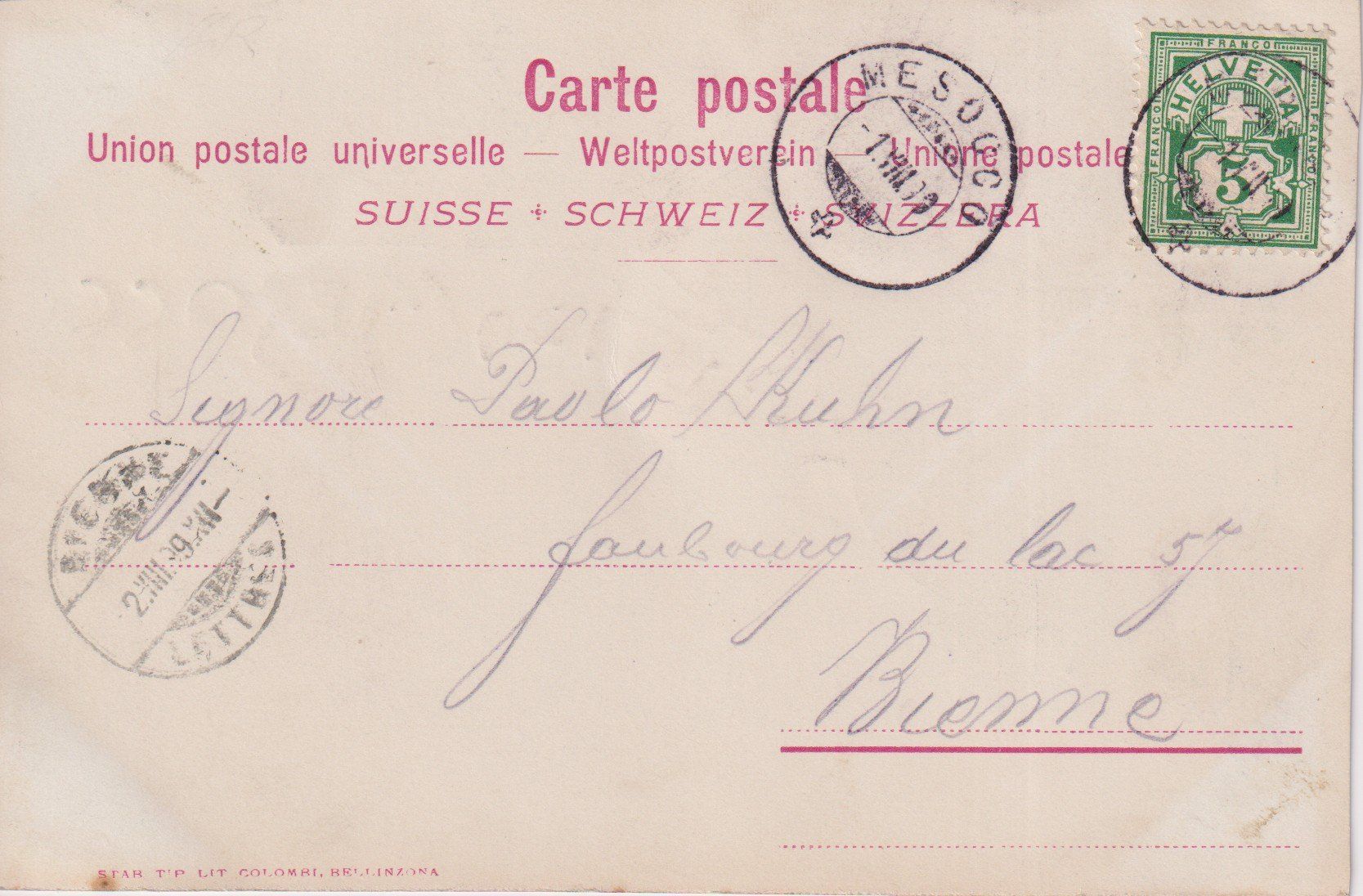 Cartoline postali: AK Litho Mesocco - Hotel de la Poste 1899 – Usato da Riva San Vitale venduto da MAR-NAPO 1