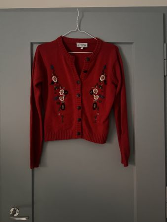 Roter Vintage-Cardigan mit Stickmuster – 100 % Lambswool