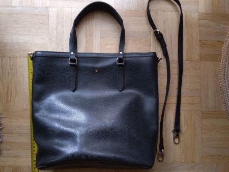 Sac, cabas, cuir noir grainé avec bandoulière, Batycki
