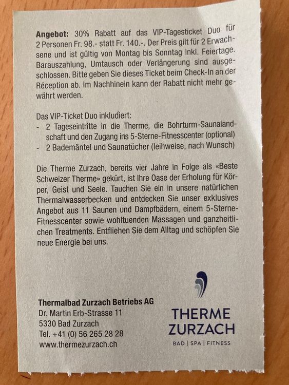 30% Rabatt auf VIP-Tagesticket Duo Therme Zurzach für 2 Erw. (Neu ...