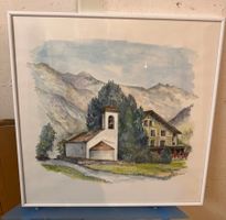 Aquarell Schweizer Bergdorf Kirche signiert gerahmt