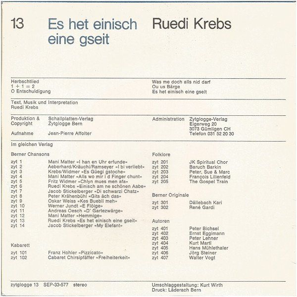 Schallplatten: Ruedi Krebs Es Het Einisch Eine Gseit Getfold EP – Gebraucht aus Hellikon von Jogi73 1