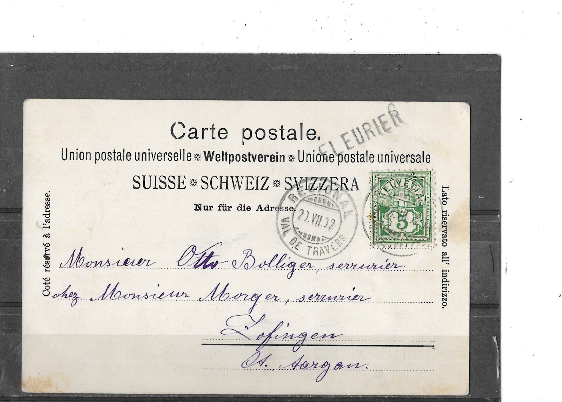 Ansichtskarten: NE Fleurier 1902 – Gebraucht aus Schocherswil von Wilare 1