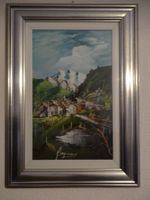 Tableau signé  Village pont montagne   45 x 28 CM