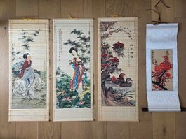 Asiatische Wandbilder Set (4-teilig) aus Bambus & Stoff