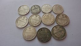 11 uralte Silbermünzen aus Russland 1907 bis 1916, vorz.-unz