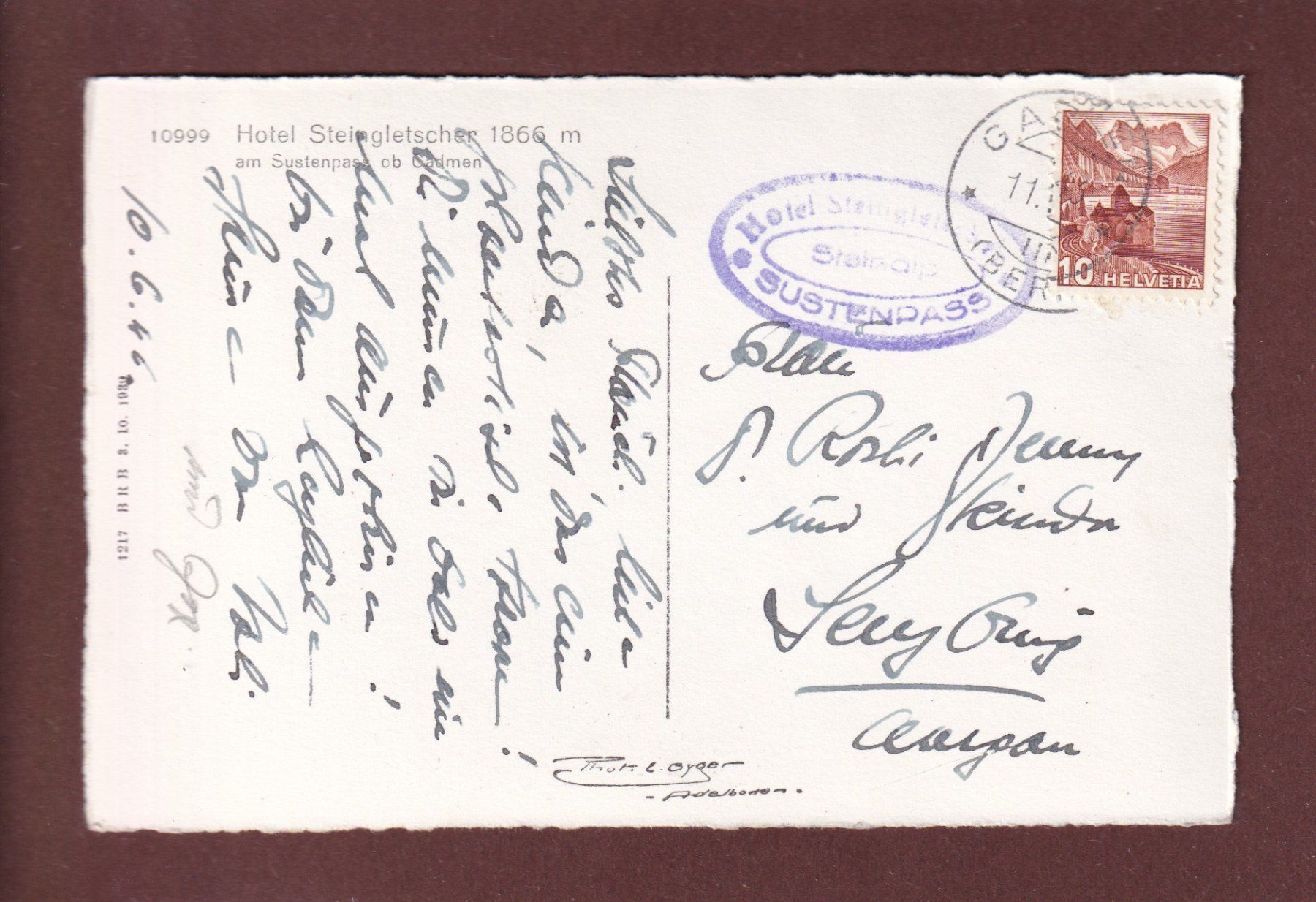 Cartoline postali: Hotel STEINGLETSCHER am Sustenpass - 1946 – Usato da Pully venduto da nicecards 1