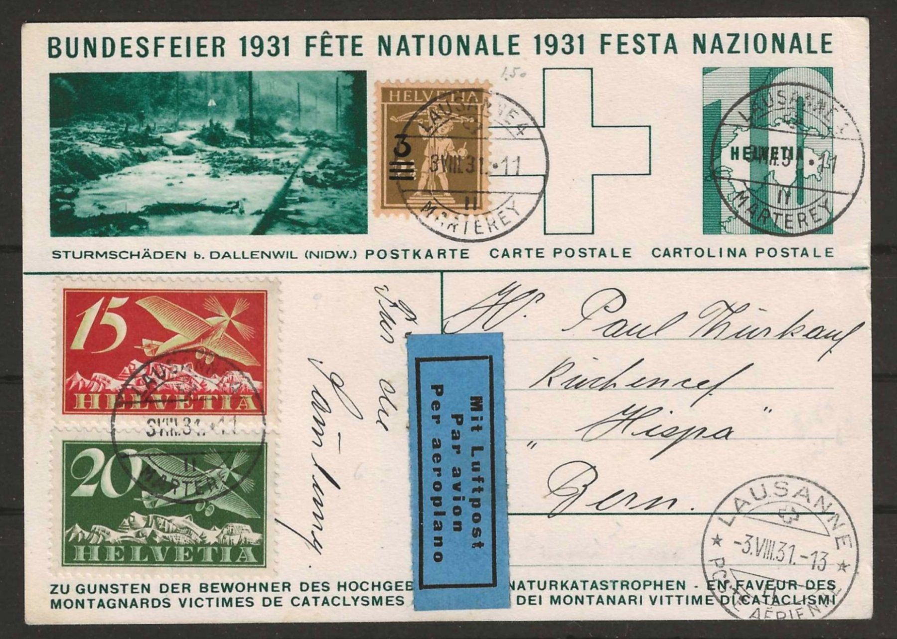 Tutti i francobolli: 1931 : Bundesfeierkarte - mit Luftpost – Usato da Gümligen venduto da Geniusbuy