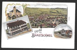 Bäretswil Lithografie Bahnhof Restaurant Linde Kirche etc.