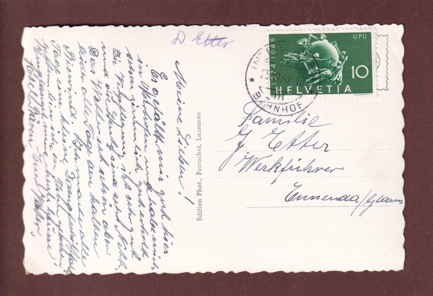 Cartoline postali: SCHLOSS OBERHOFEN - 1949 – Usato da Pully venduto da nicecards 1