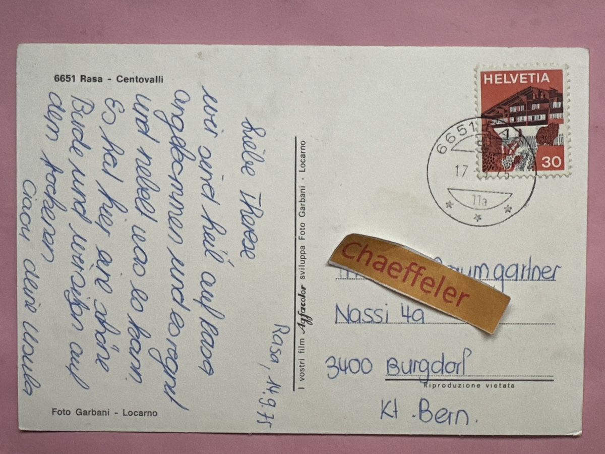 Cartoline postali: 1975  6651 Rasa - Centovalli – Usato da Zürich venduto da Chaeffeler 1