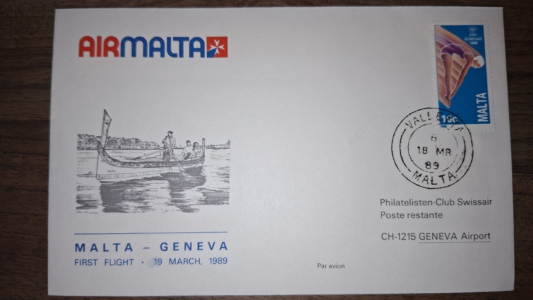Tutti i francobolli: Air Malta Malta - Geneva 19.03.1989  – Usato da Balgach venduto da SIMEON27